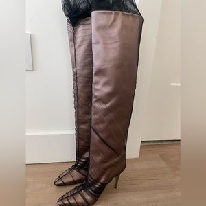 C/O Jimmy Choo Black Elisabeth 100 Tulle Wrapped Satin Boots